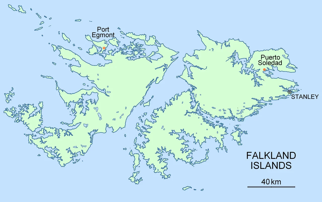 Location map for the historical settlements of Port Egmont and Puerto Soledad, Falkland Islands