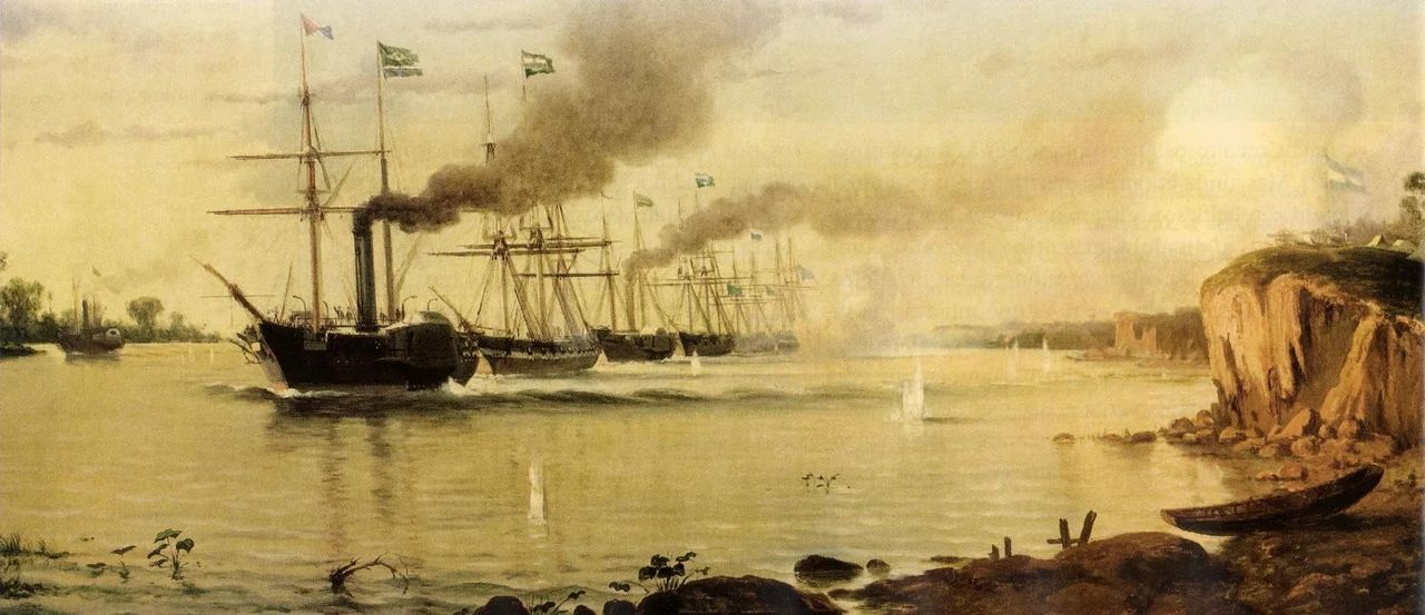 Passage of the Tonelero during the Platine War (1851-52).label QS:Len,"Passage of the Tonelero during the Platine War (1851-52)."label QS:Lpt,"Passagem do Tonelero durante a Guerra do Prata (1851-52)."
