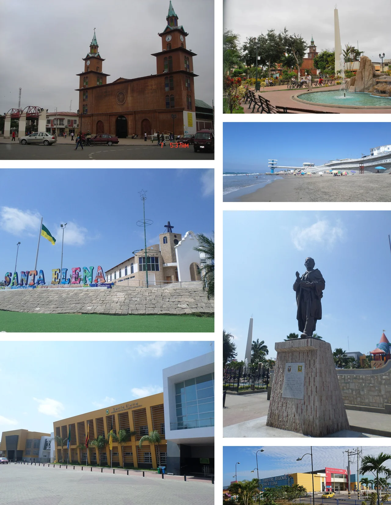 From top, left to right: Saint Helena Empress Cathedral, Vicente Rocafuerte Central Park, Ballenita beach, El Tablazo viewpoint, monument to Vicente Rocafuerte, City hall of  of Saint Helena and Sumpa Regional Bus station.