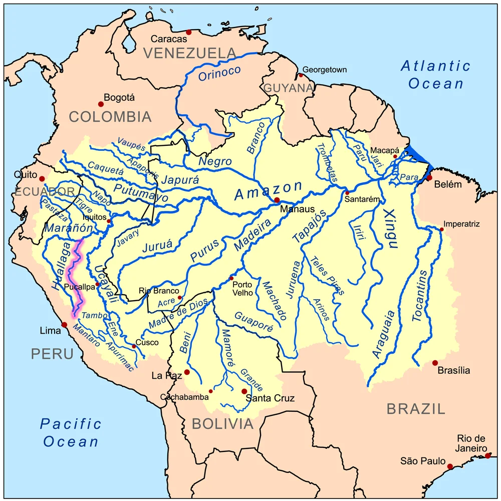 This is a map of the Amazon River drainage basin with the Huallaga River highlighted.