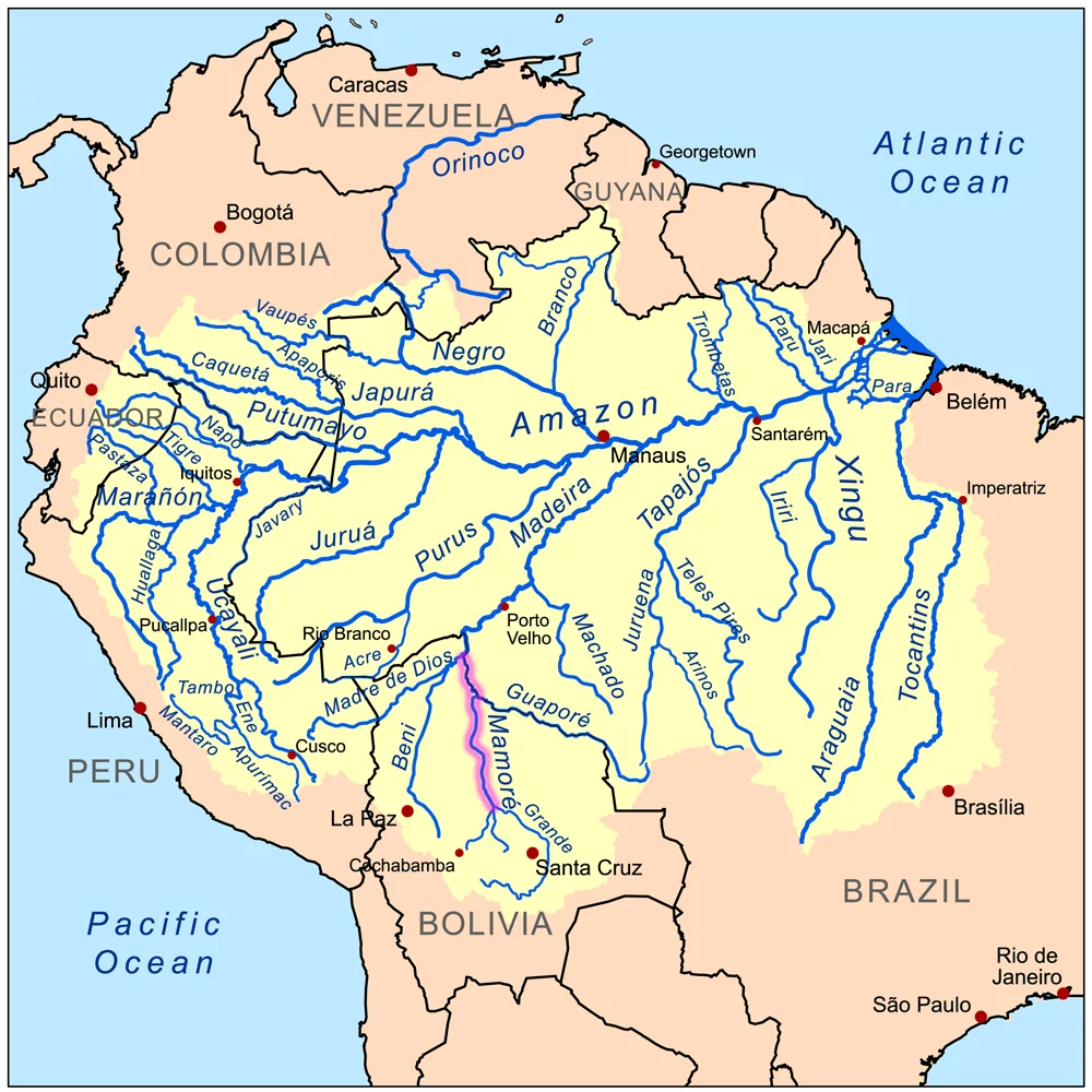 This is a map of the Amazon River drainage basin with the Mamoré River highlighted.