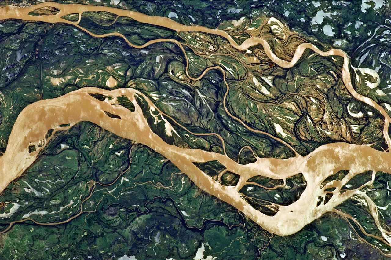 This astronaut photograph shows a 29-kilometre stretch of the Paraná, downstream of the small city of Goya, Argentina (just off the top left of the image).
The Paraná River ranges up to 3 kilometres wide along the reach illustrated in this image. The main channel is deep enough to allow smaller ocean-going ships to pass north to the capital city of Asunción, Paraguay, fully 1,200 kilometres inland and well out of the image.
The river’s dark brown shading indicates a heavy load of muddy sediment; smaller side channels also carry this mud. Numerous lakes are typical on active floodplains, and appear here as irregular bodies of water. Some appear brown, indicating that they probably have been refilled during recent rises and floods of the active channels.
The Paraná floodplain occupies the entire image; it is so wide—18 kilometres in this view—that its banks are not visible. Numerous curved, meandering channels are the most prominent characteristic of the floodplain, indicating prior positions of the river and its channels. As riverbeds move laterally by natural processes, they leave remnants of their channels, which appear as lakes and finally fill with mud. This is an excellent image for illustrating these meander forms.

From a geological standpoint, it is interesting that almost all of the old channels are similar in curvature to today’s side channels. However, almost none of them seem to show prior positions of the main, wide Paraná channel.