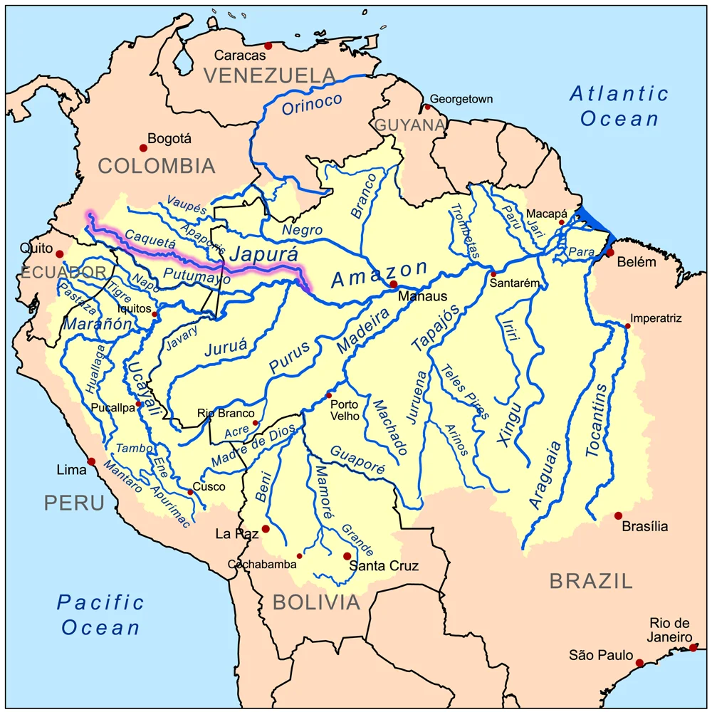 This is a map of the Amazon River drainage basin with the Japurá River highlighted.