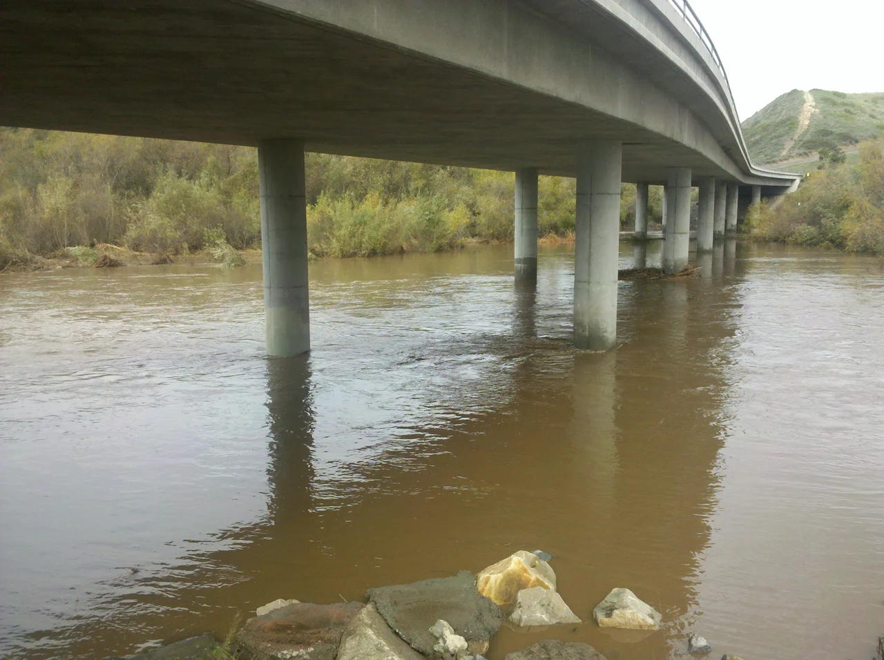 San Luis Rey River underneath the Benet Rd bridge after several days of intense rainfall in winter 2010.