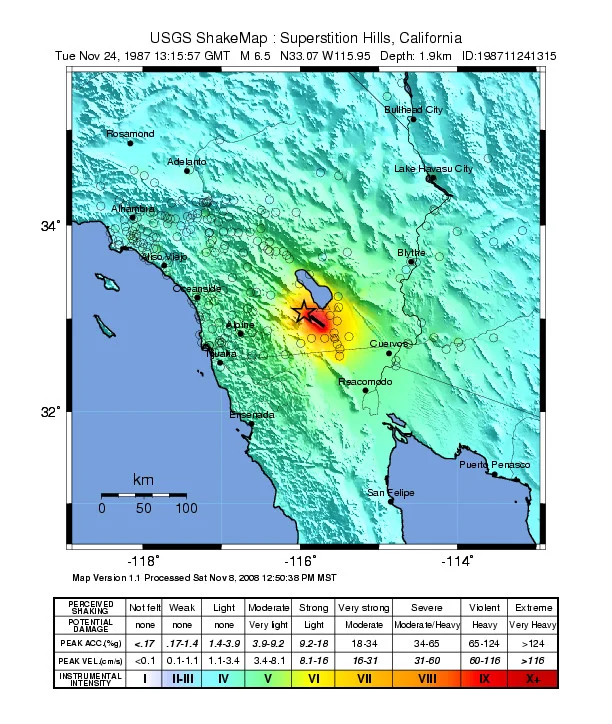 The USGS shakemap for the November 1987 Superstition Hills earthquake.