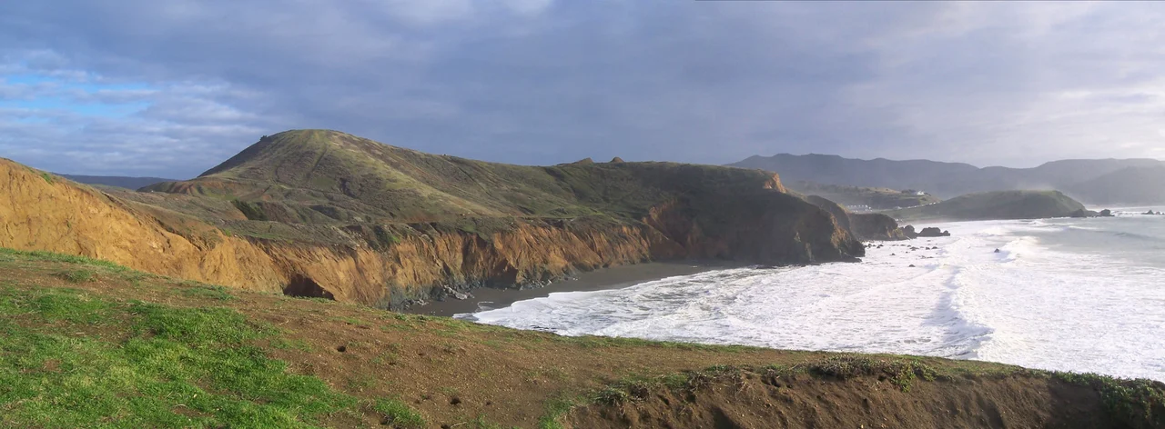 From atop Mori Point view of the coast looking south, Pacifica, California.
