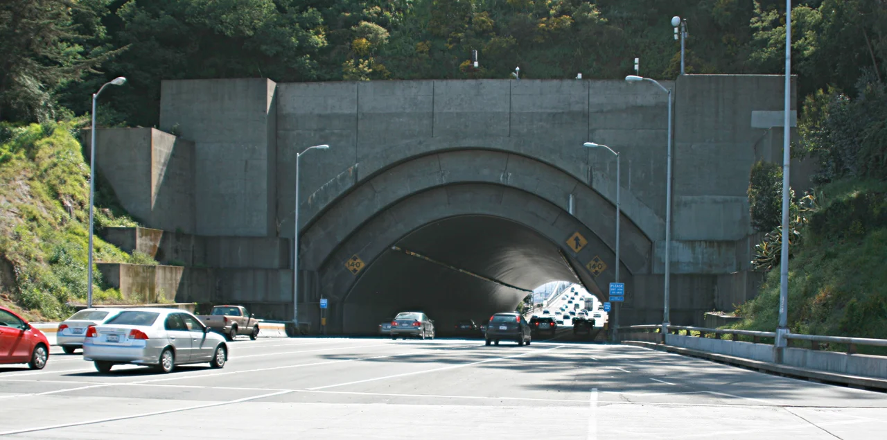 San Francisco-Oakland Bay Bridge from eastern span replacement transition structure showing eastern entrance portal of the Yerba Buena Island tunnel, upper deck westbound.
