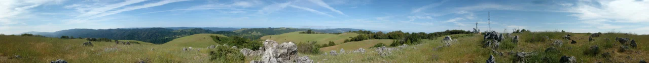 Full 360 degree panoramic image taken from the summit of Black Mountain in the w:Monte Bello Open Space Preserve in the Santa Cruz Mountains - Santa Clara County, CA.  

Broadcasting station can be seen in the background.
Part of the Midpeninsula Regional Open Space District system.