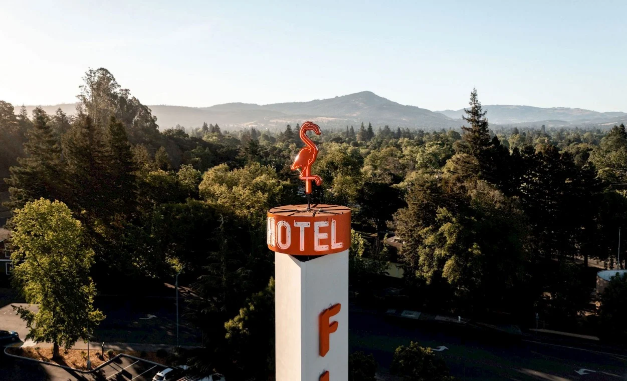 The Flamingo Resort &amp; Spa in Santa Rosa, California (38.451642°N, 122.688597°W), a mid-century modern hotel opened in 1957 and listed on the National Register of Historic Places.”