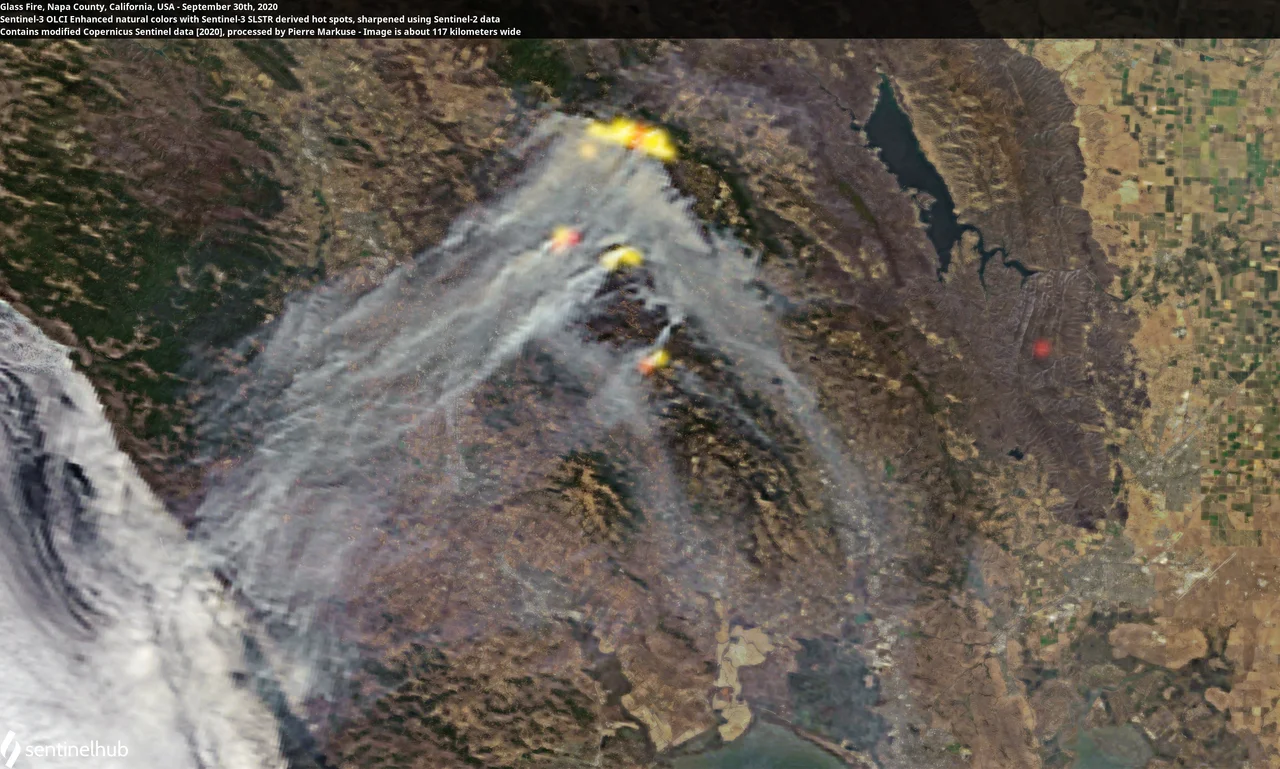 Contains modified Copernicus Sentinel data [2020], processed by Pierre Markuse
Glass Fire, Napa County, California, USA - September 30th, 2020
Sentinel-3 OLCI Enhanced natural colors with Sentinel-3 SLSTR derived hot spots, sharpened using Sentinel-2 data
Image is about 117 kilometers wide.

Do you want to support this collection of satellite images? Any donation, no matter how small, would be appreciated. PayPal me!