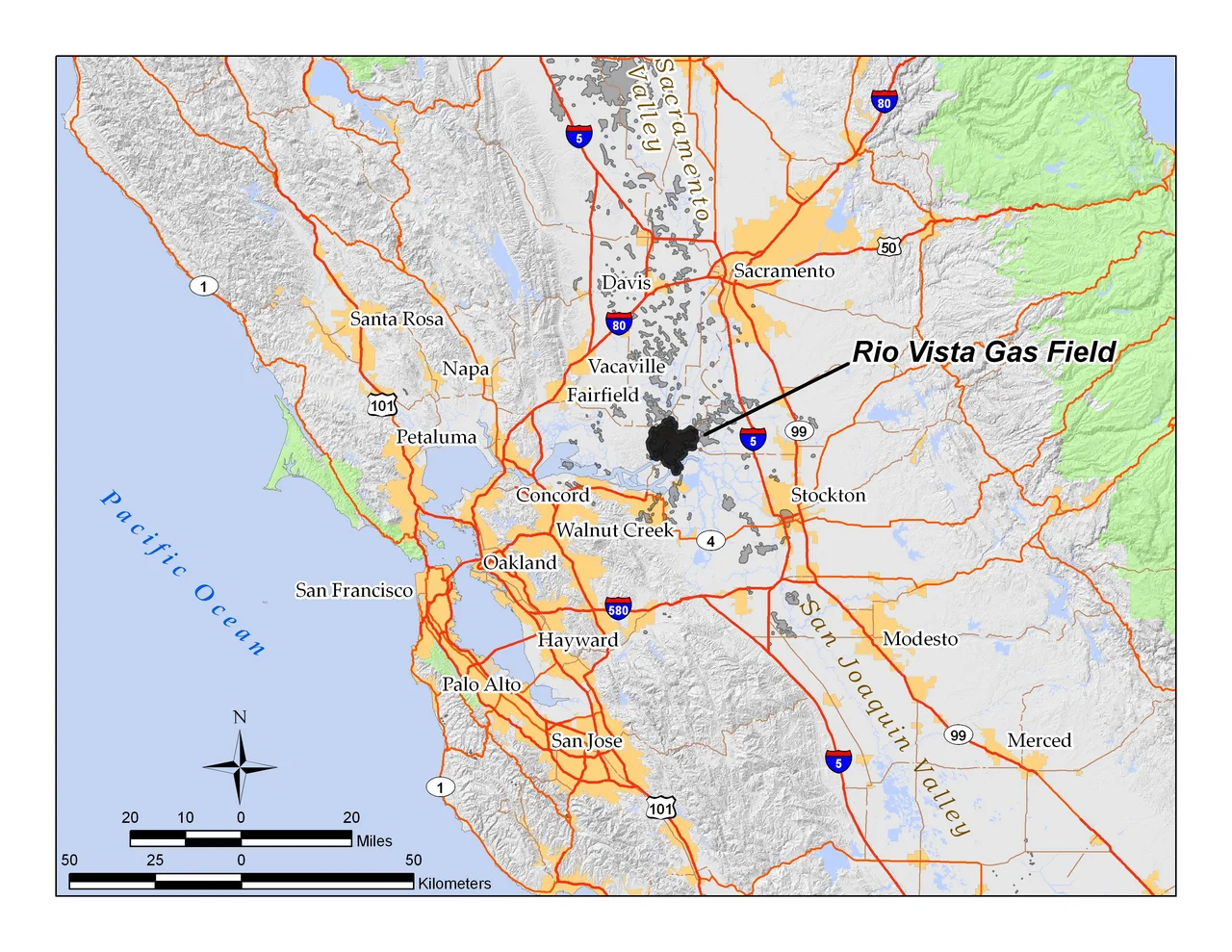 Rio Vista Gas field location map; by self in ArcGIS 9.3; all data shown is in the public domain