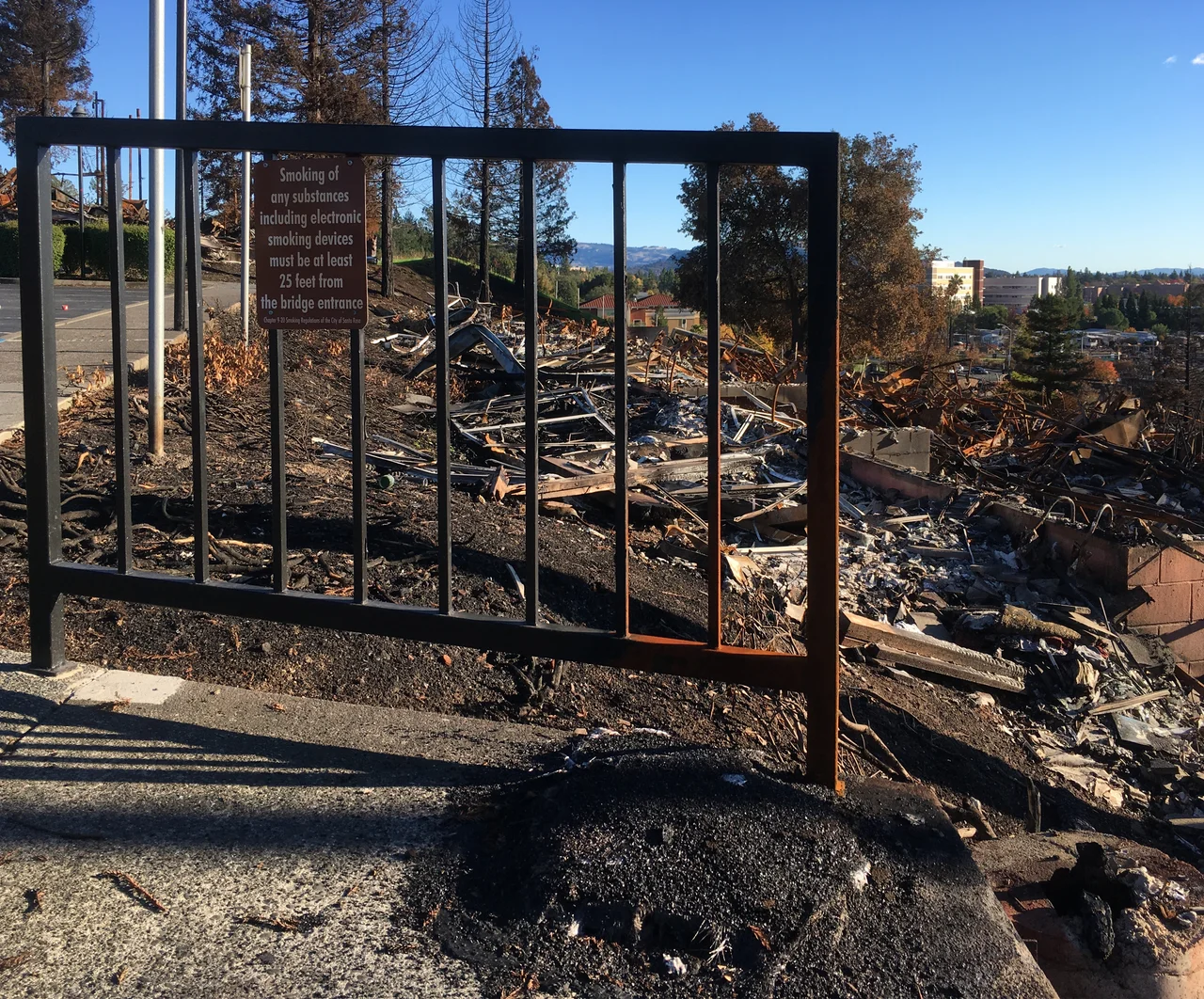 Tubbs Fire-damaged stairway between west wings of the Hilton Sonoma Wine Country Hotel (Santa Rosa, California)