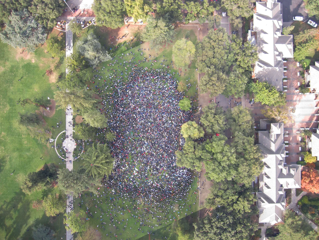 Students, faculty, alumni, and the community in general gathered to voice their disapproval of the pepper spraying of non-violent protestors on campus.
This is a processed and stitched set of photos taken with Stewart Long's helium balloon using a point-and-shoot camera and a smart phone.[1]This version was rotated and cropped from the original JPG.