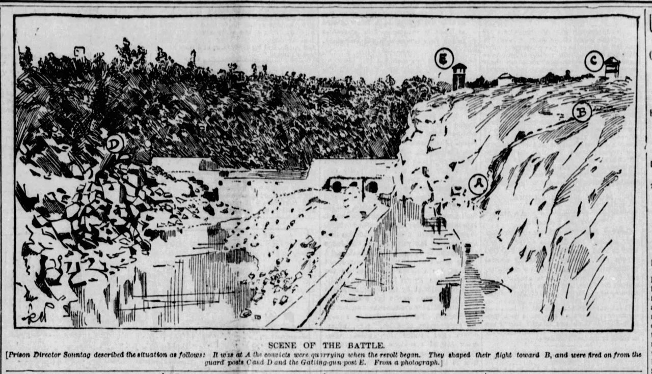 Scene of the 1893 Folsom prison break attempt on the American River. San Francisco Examiner, Wed June 28, 1893.