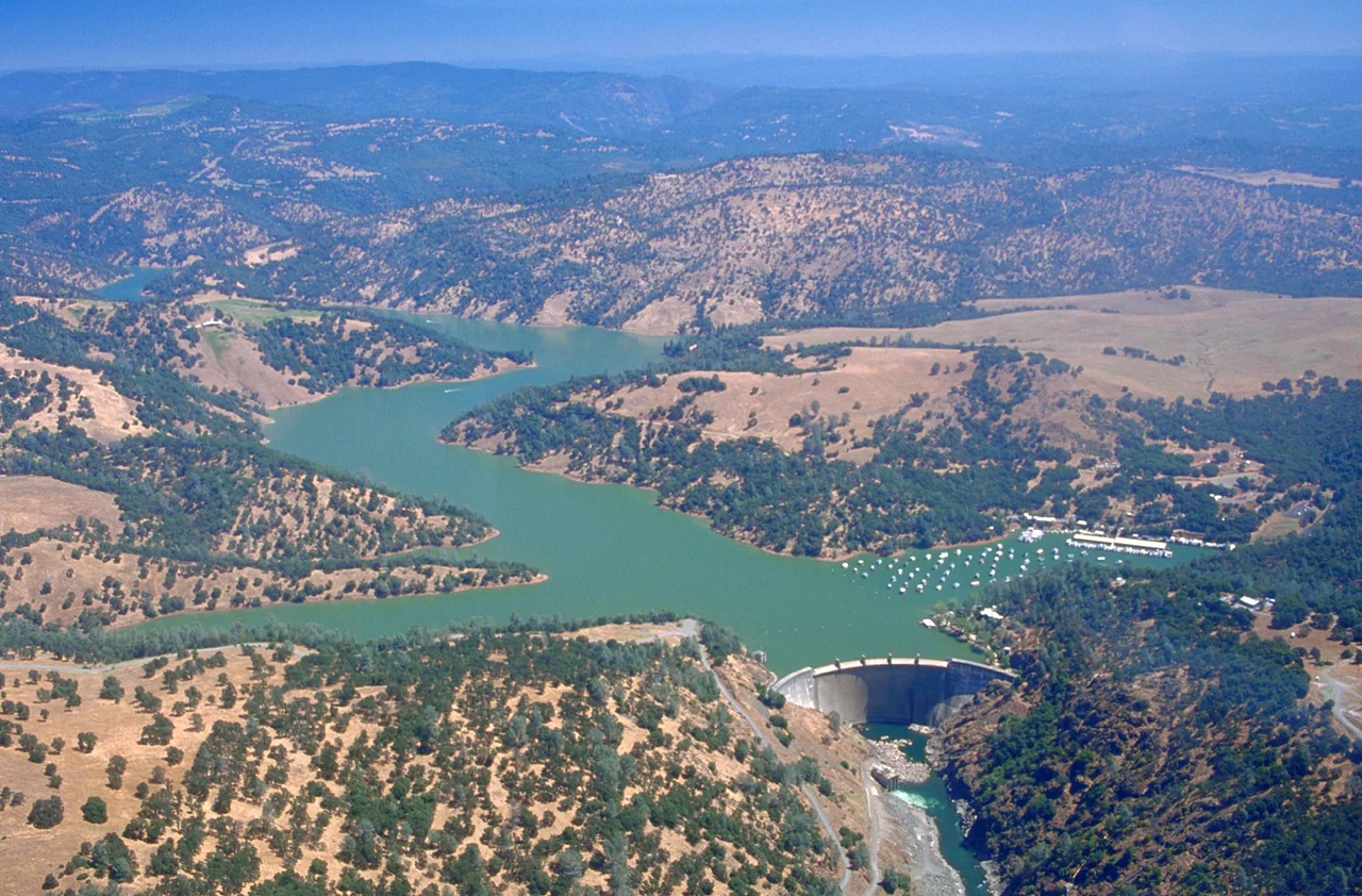 Englebright Dam and Lake on the Yuba River in the state of California, USA. The dam is located approximately 20 miles (32 km) east-northeast of Yuba City, California. The river and dam span the border between Yuba County and Nevada Counties. The dam was constructed in 1941 by the U.S. Army Corps of Engineers for flood control on the Yuba River.