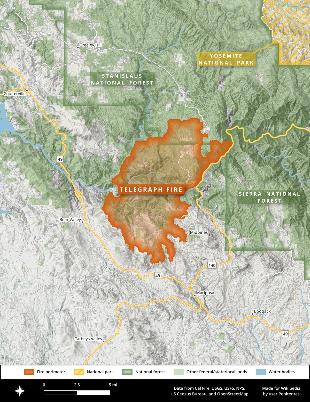 This is a map of the footprint of the 2008 Telegraph Fire in Central California's Mariposa County, where the fire burned more than 34,000 acres and burned dozens of structures. This image was made in QGIS using data from the California Department of Forestry and Fire Protection (Cal Fire), the National Hydrography Dataset (NHD), OpenStreetMap, USGS, and others.