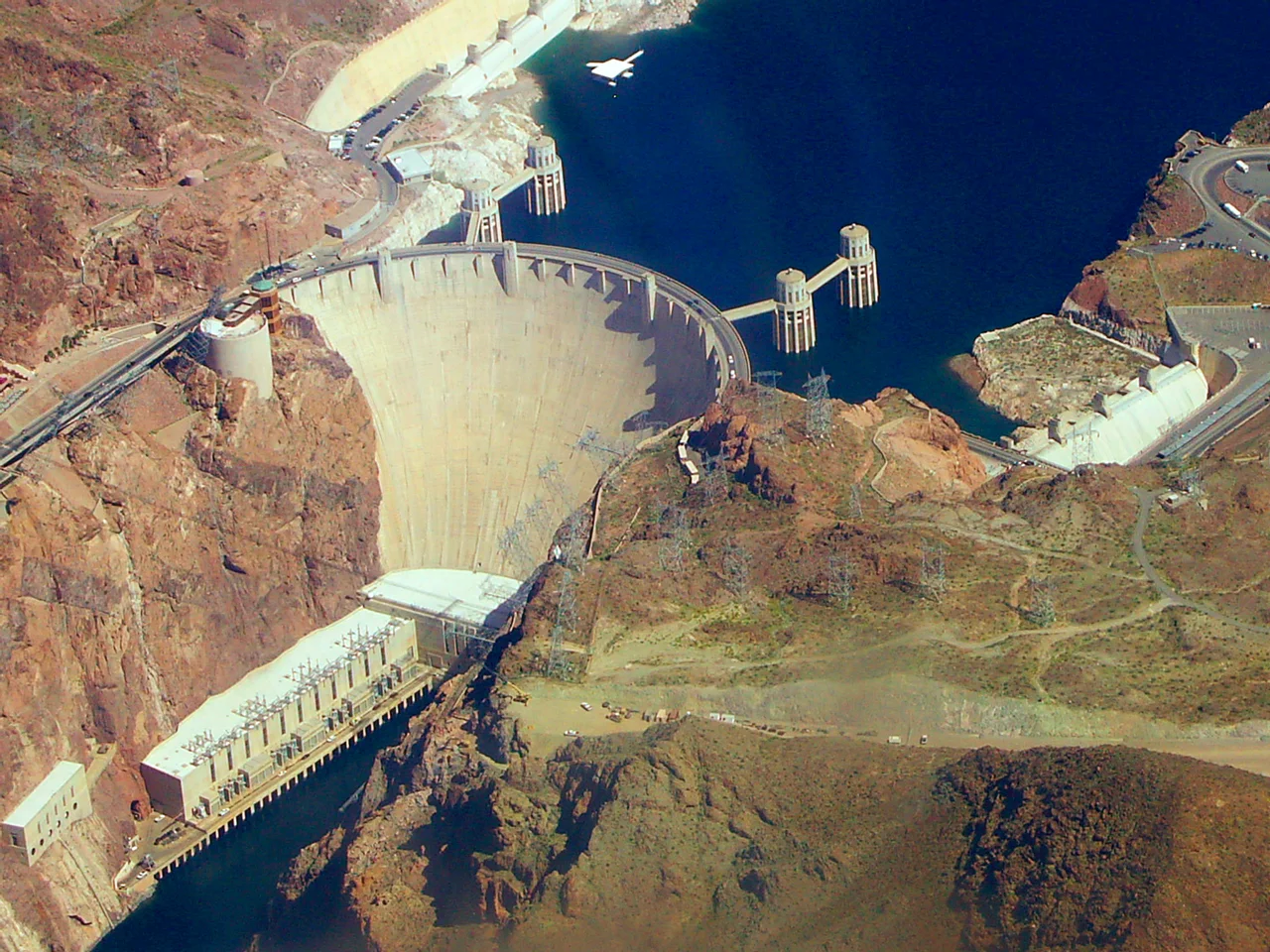 Hoover dam from plane, color balance corrected and gamma and contrast changes to restore original appearance of scene looks like coolgardie