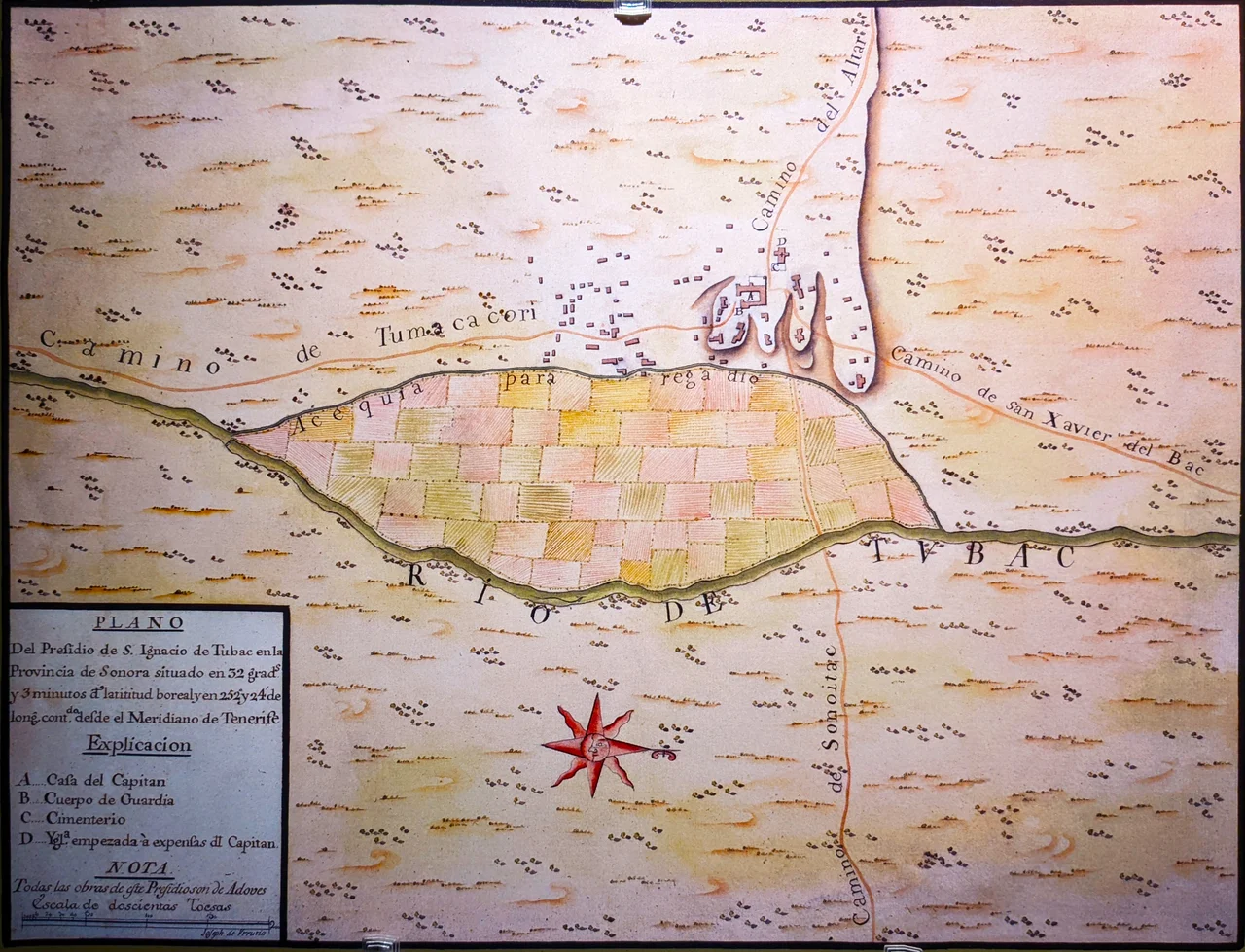 Urrutia Map of Tubac: December 1766—January 1767
A Spanish colonial era map locating San Ignacio de Tubac Presidio in the northern Viceroyalty of New Spain (Colonial México).
The present-day Tubac Presidio State Historic Park in Tubac, Arizona.