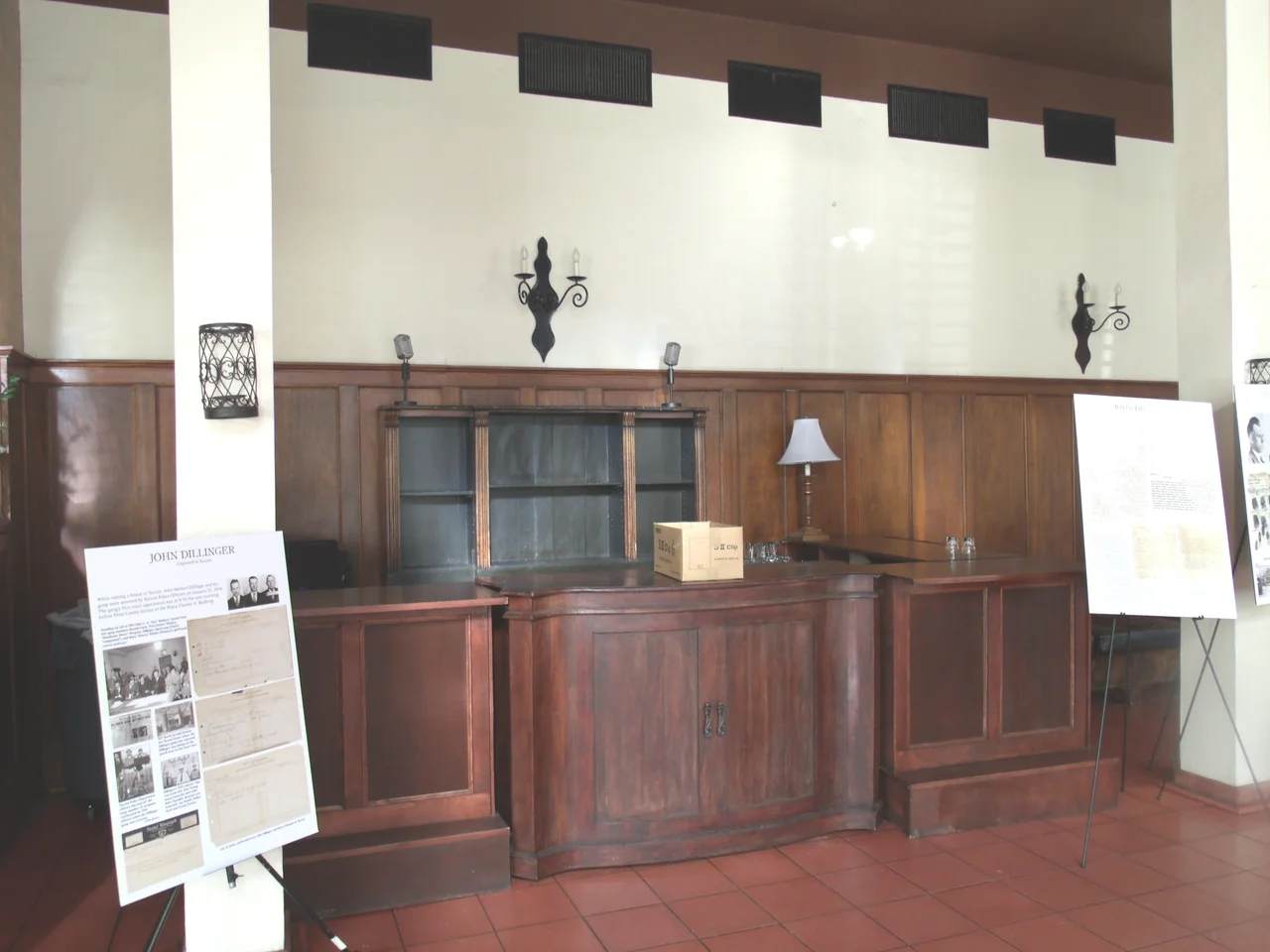 The old lobby of the Hotel Congress which was built in 1919 and is located at 303-311 E. Congress St. On January 22, 1934, a fire started in the basement of the hotel and spread up the elevator to the third floor. This fire, and the subsequent chain of events, led to the capture of one of the country’s most notorious criminals John Dillinger. It was listed in the National Register of Historic Places in 2003, ref.: #03000906.
