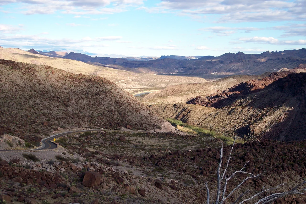 Big Bend National Park landscape including road and Rio Grande river, near Santa Elena Canyon, looking east.