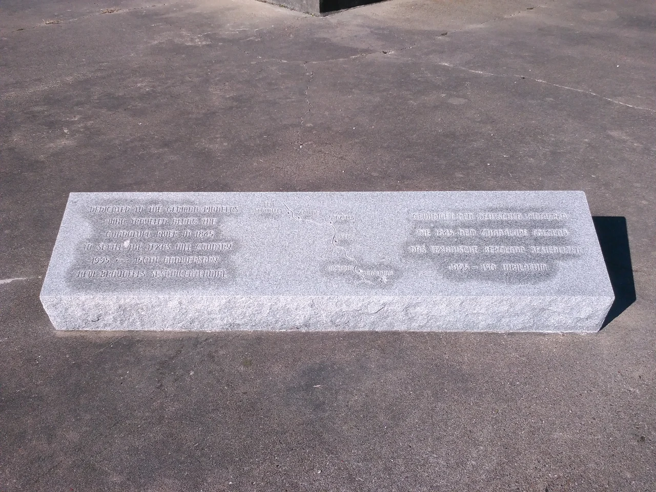 German immigration marker, Indianola, Texas - "Dedicated to the German pioneers who traveled along the Guadalupe River in 1845 to settle the Texas Hill Country1995 - 150th AnniversaryNew Braunfels Sesquicentennial"