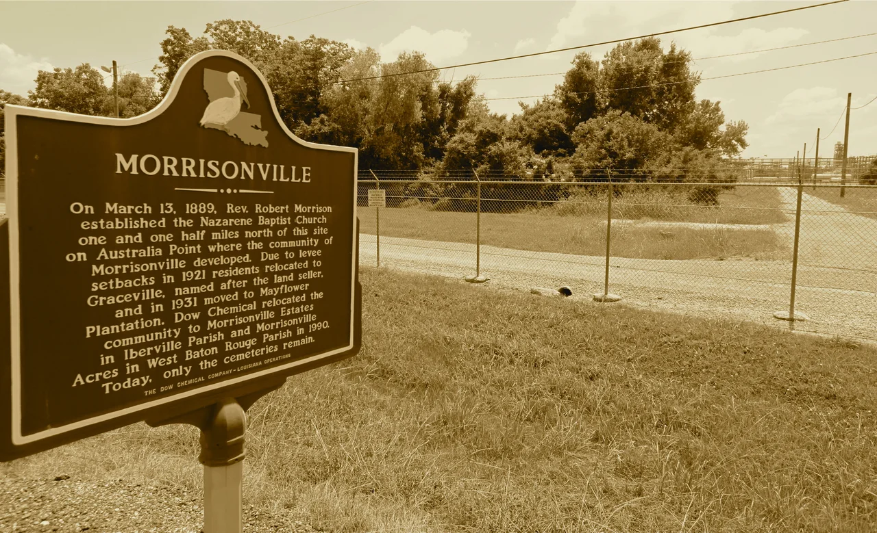 The town no longer exists - locals moved to Plaquemine and other nearby towns.  Dow Chemical relocated the town, and only cemeteries remain.  Some have referred to this industrial stretch of Mississippi River 'cancer alley'.  Sepia-tone image.