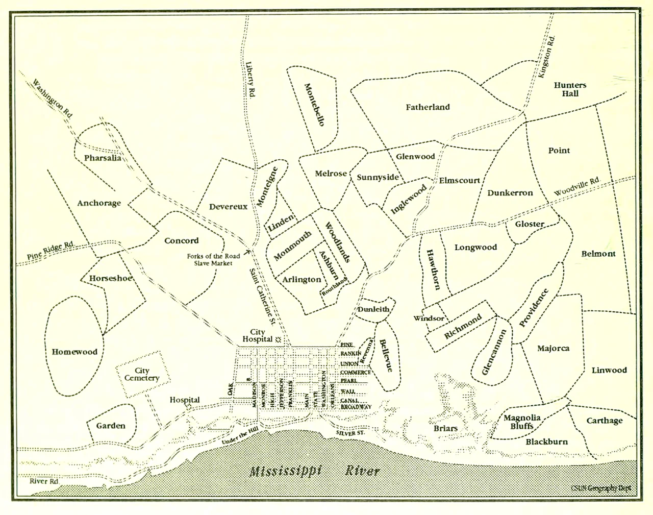 Ronald L. F. Davis 1993 - Illustration F Suburban Estates — c1830 to 1860 from The Black Experience in Natchez: 1720-1880, Special History Study
Pharsalia, Anchorage, Horseshoe, Homewood, Garden, Concord, Deveraux, Monteigne, Linden, Monmouth, Arlington, Montebello, Melrose, Woodlands, Ashburn, Routhland, Dunleith, Bellevue, Revenna, Fatherland, Hunters Hall, Sunnyside, Glenwood, Inglewood, Elmscourt, Dunkerron, Point, Hawthorn, Longwood, Gloster, Belmont, Windsor, Richmond, Glencannon, Providence, Majorca, Linwood, Magnolia Bluffs, Briars, Blackburn, Carthage, Natchez-Under-the-Hill