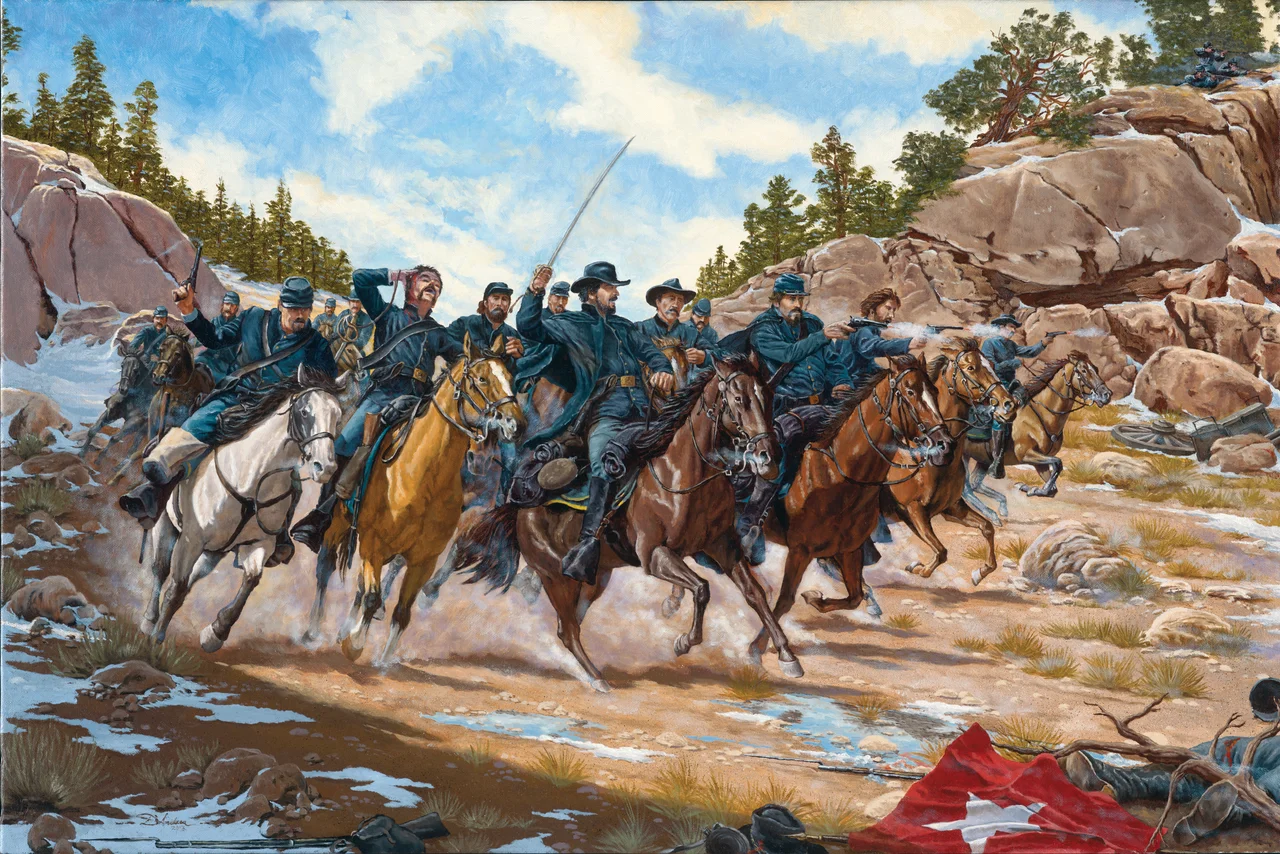 At the start of the Civil War, Confederate Brig. Gen. Henry H. Sibley proposed a plan to seize mining centers in Colorado and California. Sibley recruited three Texas volunteer regiments of cavalry and artillery numbering 3,000 men. They would seize the New Mexico and Colorado Territories.
Sibley’s small army conducted a successful campaign up New Mexico’s Rio Grande Valley. Meanwhile, reinforcements from neighboring Colorado Territory moved south to prevent the Texans from seizing Fort Union, the primary garrison along the Santa Fe Trail.
First Colorado Volunteer Infantry, New Mexico volunteers, and other soldiers encountered Texas forces near Glorieta Pass on March 26, 1862, east of Santa Fe. This high point on the southern end of the Sangre de Cristo Mountains crossed the route to Fort Union.
ompany of Colorado mounted infantry charged the Confederates west of the Glorieta summit in snowy Apache Canyon. This advance halted at dusk without a clear victory. The armies engaged again on March 28. Day’s end seemed to bring about victory for the Southerners.
Confederate fortunes changed dramatically when a force of Colorado and New Mexico troops destroyed the Confederate supply train near Johnson’s Ranch. Unable to continue the advance northwards, Sibley and his troops retreated back toward Santa Fe and ultimately back to Texas.

The Battle of Glorieta Pass, sometimes called the "Gettysburg of the West," ended Confederate hopes of establishing access to mineral resources in Colorado. Colorado and New Mexico territorial troops had effectively preserved the Union in the west. The proud heritage of these citizen-soldiers lives on in today's Colorado and New Mexico Army National Guards.
