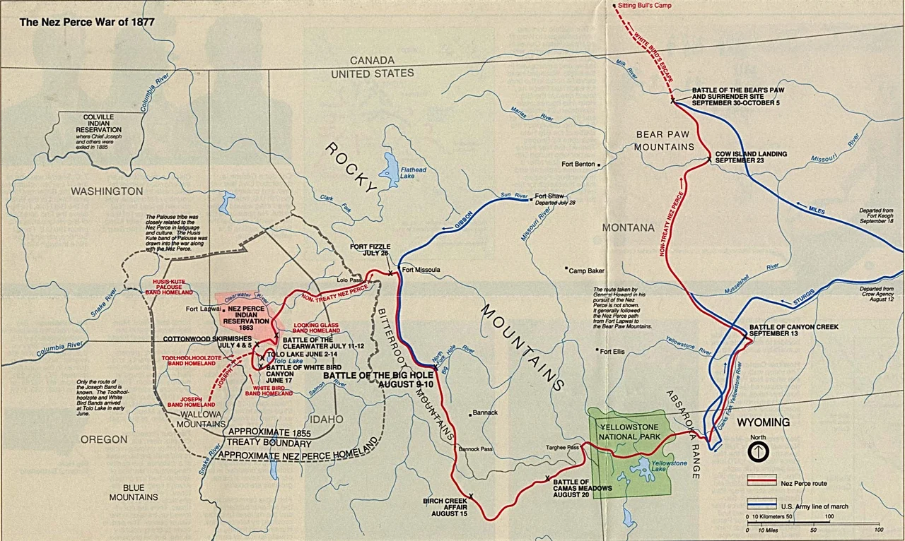 Battle map showing the flight of the Nez Perce and key battle sites of the 1877 Nez Perce War.