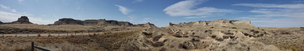 Panorama view of Mitchell Pass looking west, with South Bluff on the left and Scotts Bluff on the right