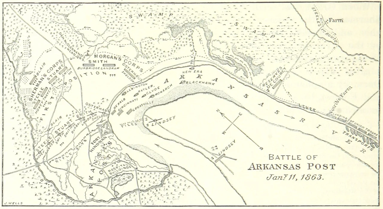 A map of the January 1863 Battle of Arkansas Post.