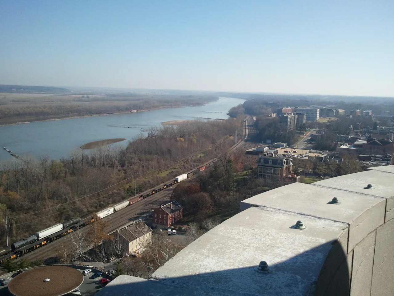 North-looking view from the Jefferson City Missouri state capital rotunda. The Missouri river appears on the left side.