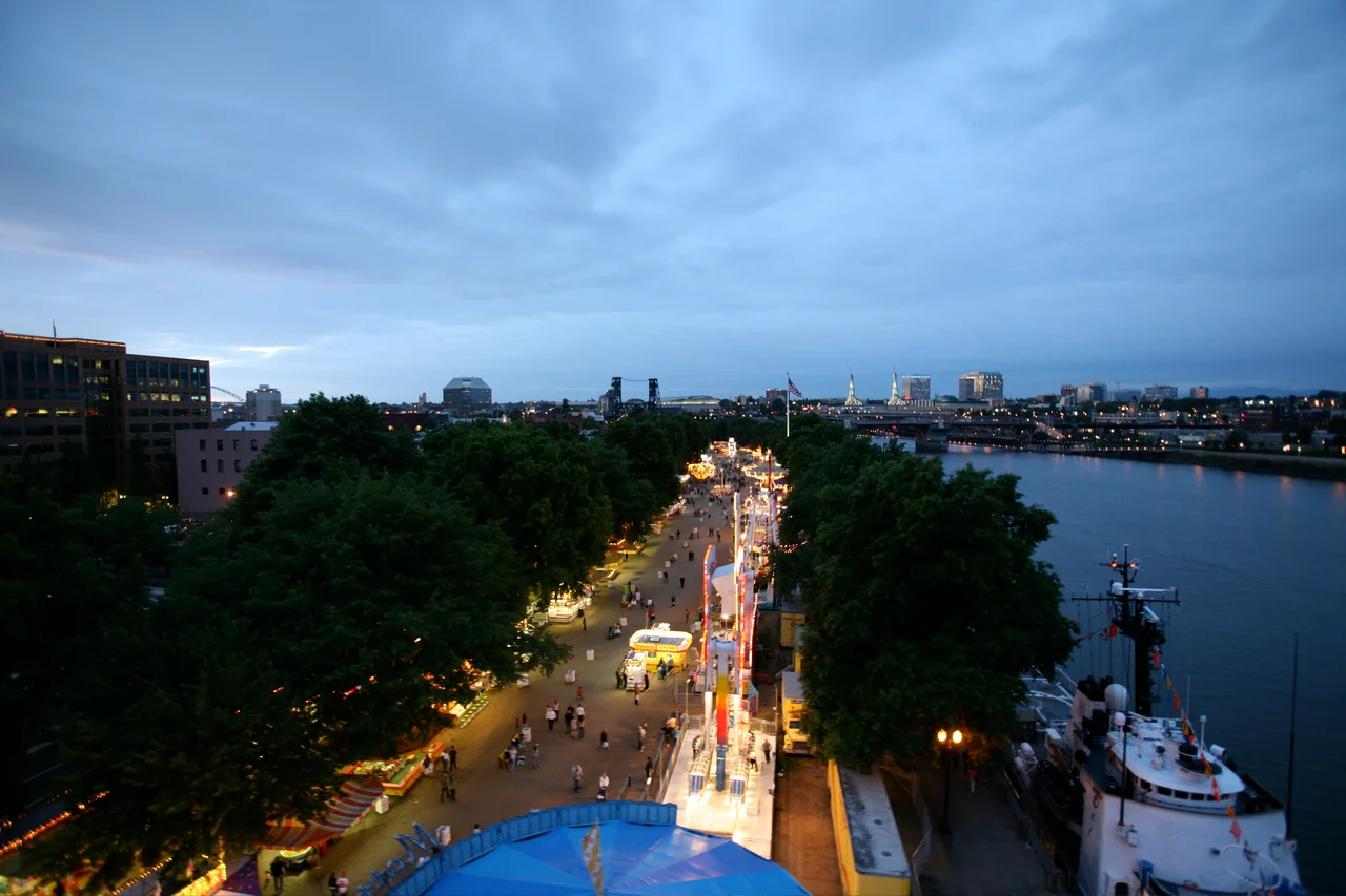 Waterfront Village in Gov. Tom McCall Waterfront Park at the 2007 Portland Rose Festival. The Willamette River is at right.