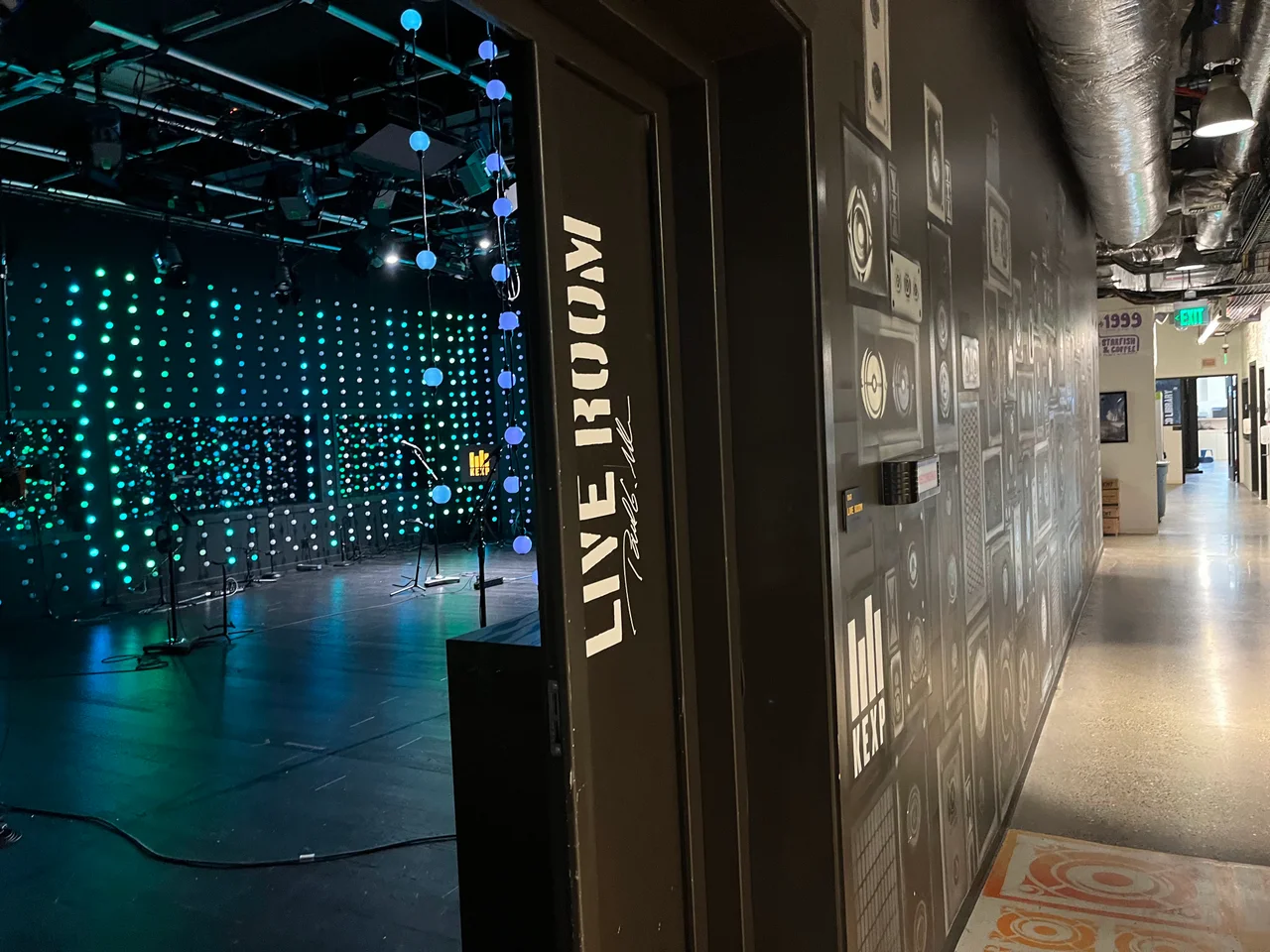KEXP's live room seen from the studio hallway, in Seattle Center, Seattle.