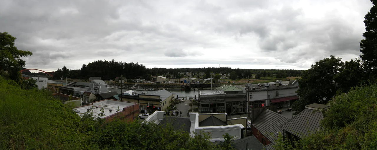 Downtown La Conner, Washington: part of 1st Avenue S., the Swinomish Channel, and the fishing port on the Swinomish Reservation across the channel.

 This  image was created with Hugin.