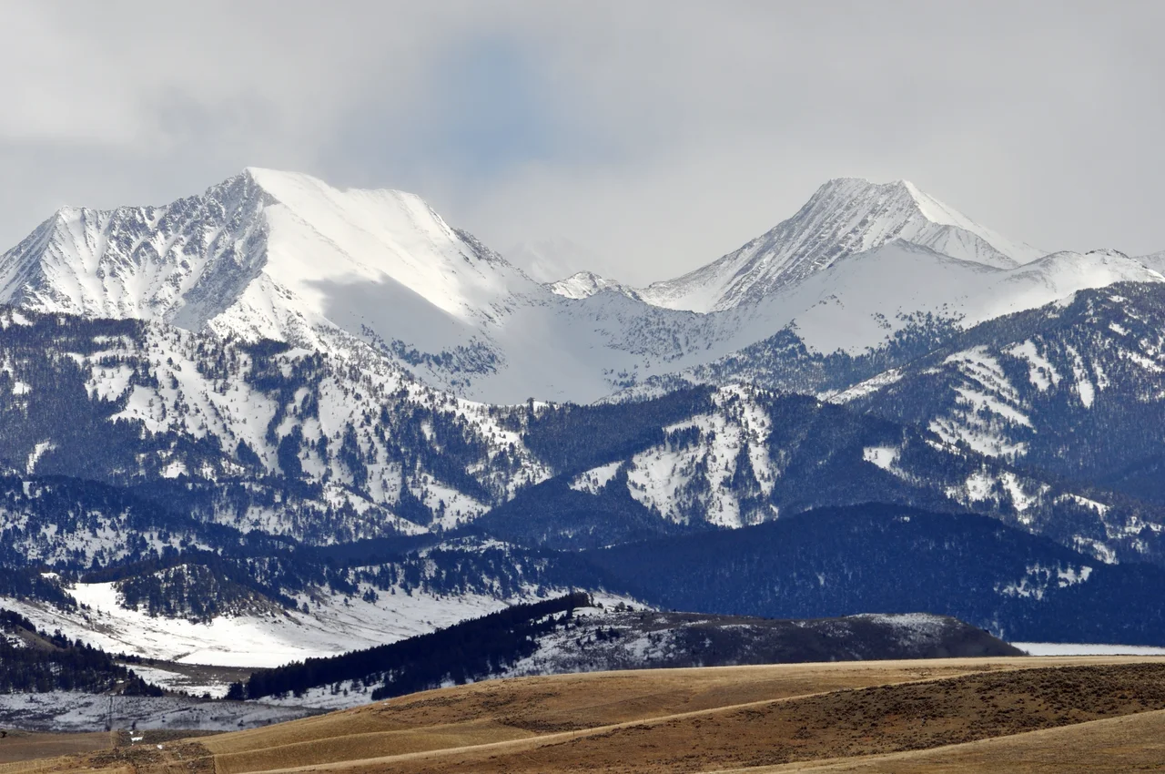 Peaks in the Crazy Mountains, Park County, Montana as viewed from Shields River, Wilsall, Montana, April 2010