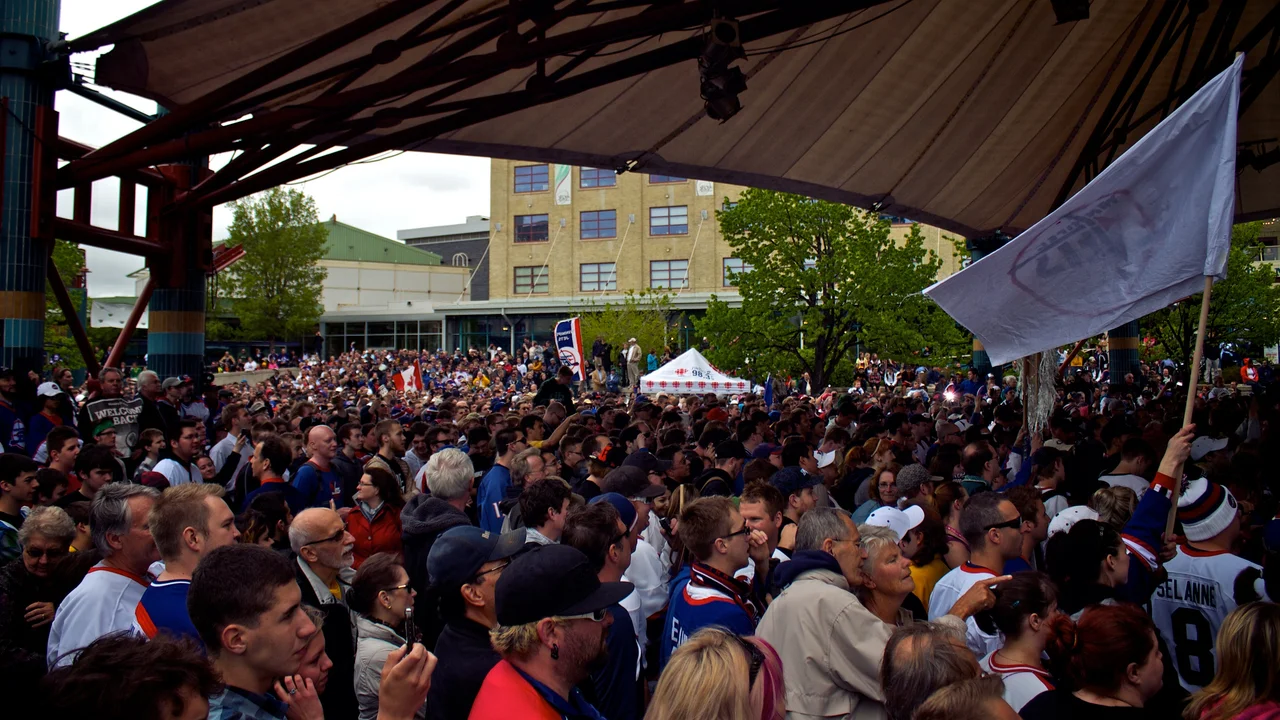 Crowds gather at The Forks in Winnipeg on May 31, 2011 for the official announcement that the Atlanta Thrashers would relocate to Winnipeg pending the approval of the NHL Board of Governors.