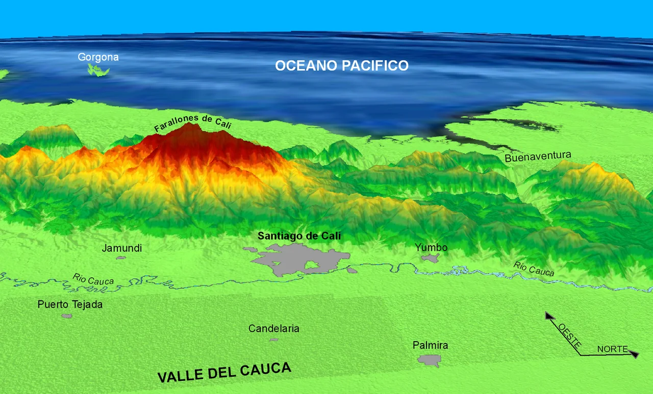 Ubicacion Cali en el Valle del Cauca, Colombia, Vista 3D desde el Este. Las montañas han sido exageradas en un factor de 4.25.