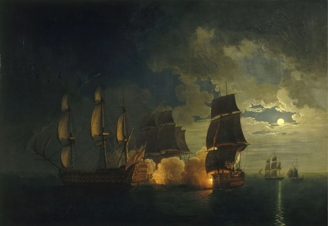 Action of 18 October 1782 between the 74-gun Scipion and the  90-gun HMS London. Oil on canvas, 18th century


On display at Toulon naval museum. Access number 3 OA 54.