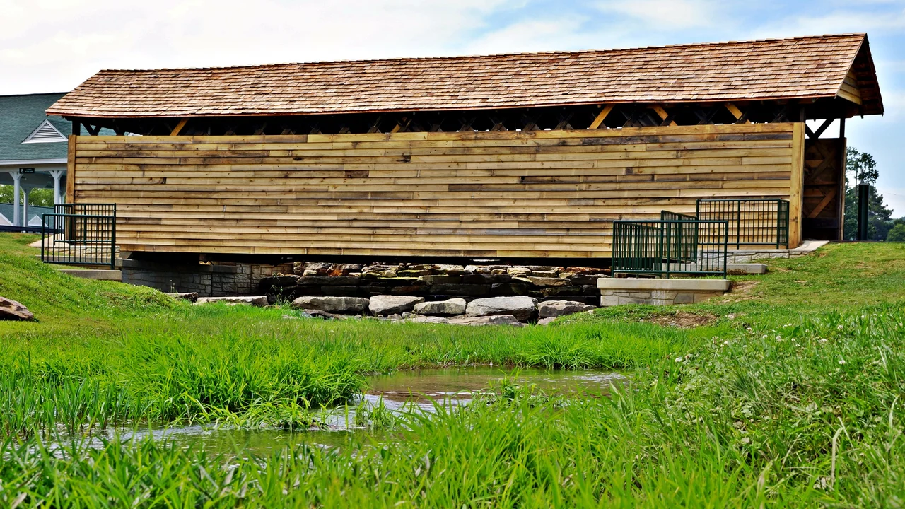 Coldwater covered Bridge Oxford,Alabama. Built in 1850, the 63 foot bridge was moved to Oxford from nearby Coldwater and restored to preserve the landmark that is listed on the National Register of Historic Places. It currently spans a small outflow from the Oxford Lake and is maintained by the city.