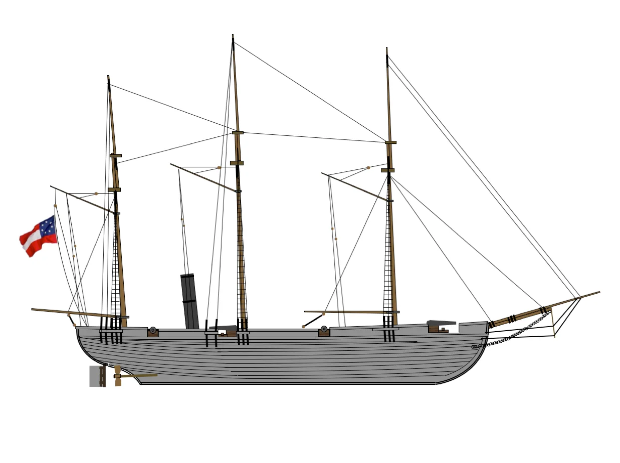 CSS Chattahoochee was a twin-screw steam gunboat built at Saffold, Georgia. She entered service in February 1863 for the Confederate States and was named after the river upon which she was built. She was 150 ft long, with a beam of 25Sh drew 8 ft of water, and cold make 12 knots. Her armament consisted of four 32-pounder smoothbore cannon mounted two on each broadside, one 32-pounder rifled cannon on pivot at he bow, and one 9-inch smoothbore cannon on pivot at midships. Her complement was 120 officers and crew. Chattahoochee was plagued by machinery failures; a boiler explosion killed 18 of her complement on May 27, 1863 as she prepared to sail from her anchorage at Blountstown, Florida, to attempt retaking the Confederate schooner CSS Fashion, captured by the Union. On June 10, 1864 she was floated and moved to Columbus, Georgia, for repairs and installation of engines and a new boiler. While she was undergoing repairs at Columbus, 11 of her officers and 50 crewmen tried unsuccessfully to capture USS Adela blockading Apalachicola, Florida. USS Somerset drove off the raiders, capturing much of their equipment. When the Confederates abandoned the Apalachicola River in December 1864, the Chattahoochee was moved up the Chattahoochee River, and then scuttled near Columbus as Union troops approached the city. (Credit Bob Holcombe, National Civil War Naval Museum at Port Columbus, Georgia).