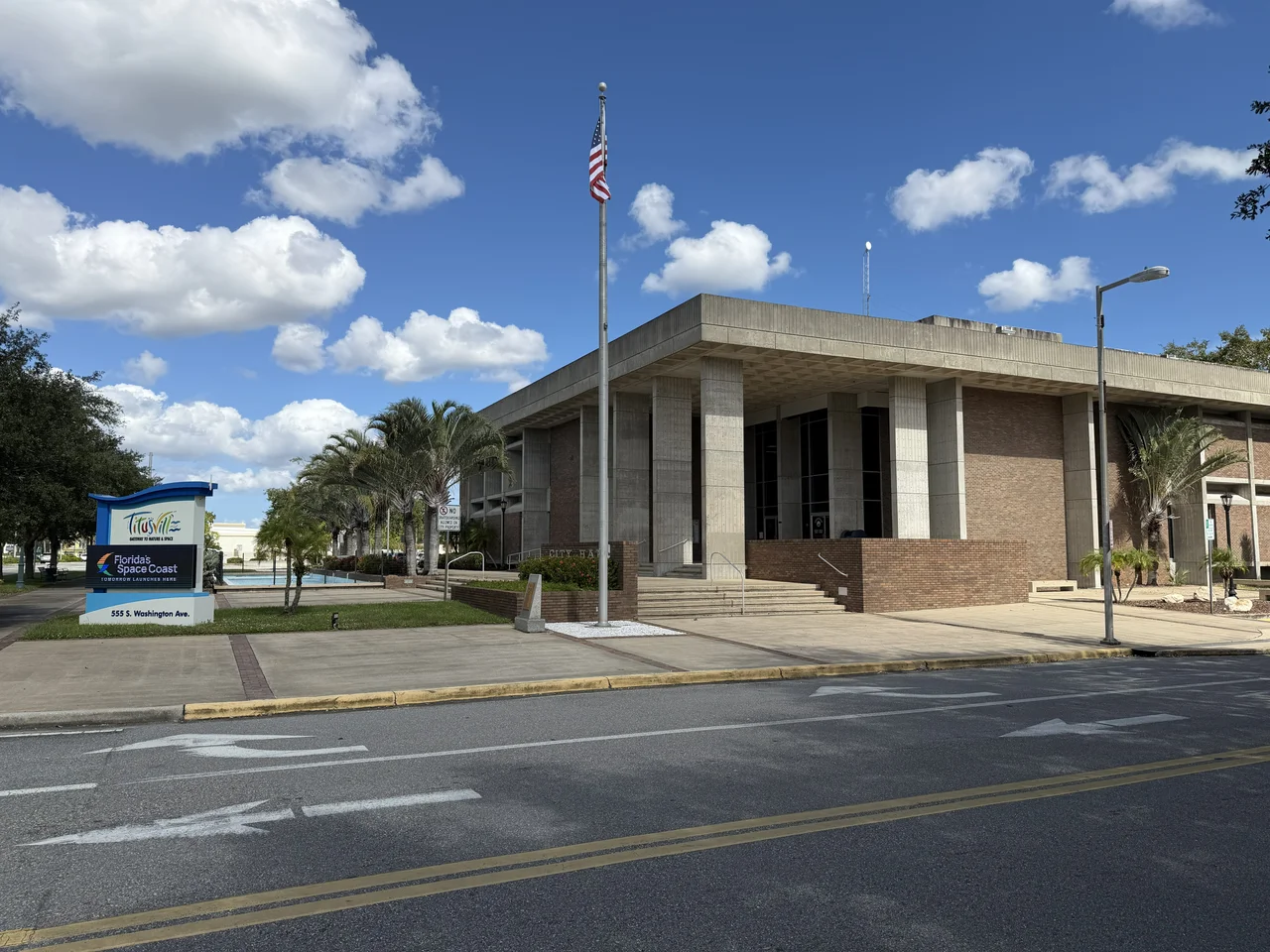 Titusville City Hall and sign for Florida’s Space Coast, Titusville, Florida