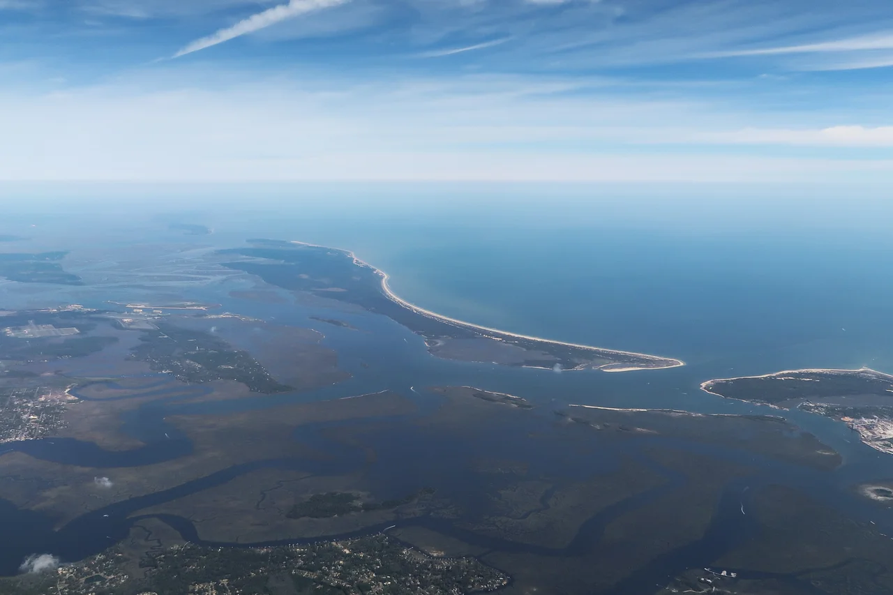 Aerial view of Cumberland Island from the southwest, as viewed from an aircraft shortly after takeoff from Jacksonville International Airport.