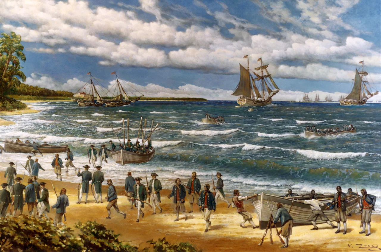 New Providence Raid, March 1776
Oil painting on canvas by V. Zveg, 1973, depicting Continental Sailors and Marines landing on New Providence Island, Bahamas, on 3 March 1776. Their initial objective, Fort Montagu, is in the left distance. Close off shore are the small vessels used to transport the landing force to the vicinity of the beach. They are (from left to right): two captured sloops, schooner Wasp and sloop Providence. The other ships of the American squadron are visible in the distance.

depiction of the w:Battle of Nassau