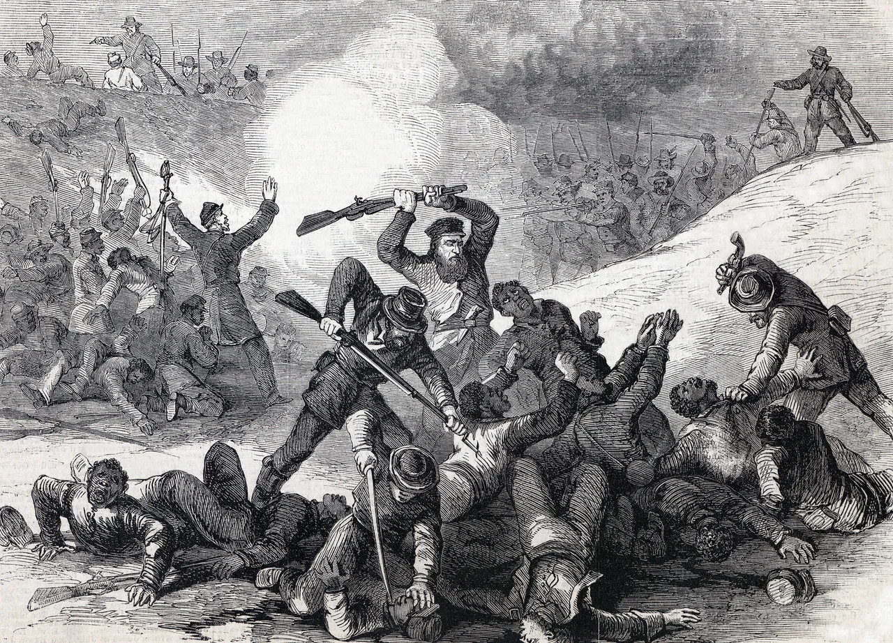 The war in Tennessee : Confederates massacre Union soldiers after they surrender at Fort Pillow, April 12th, 1864.