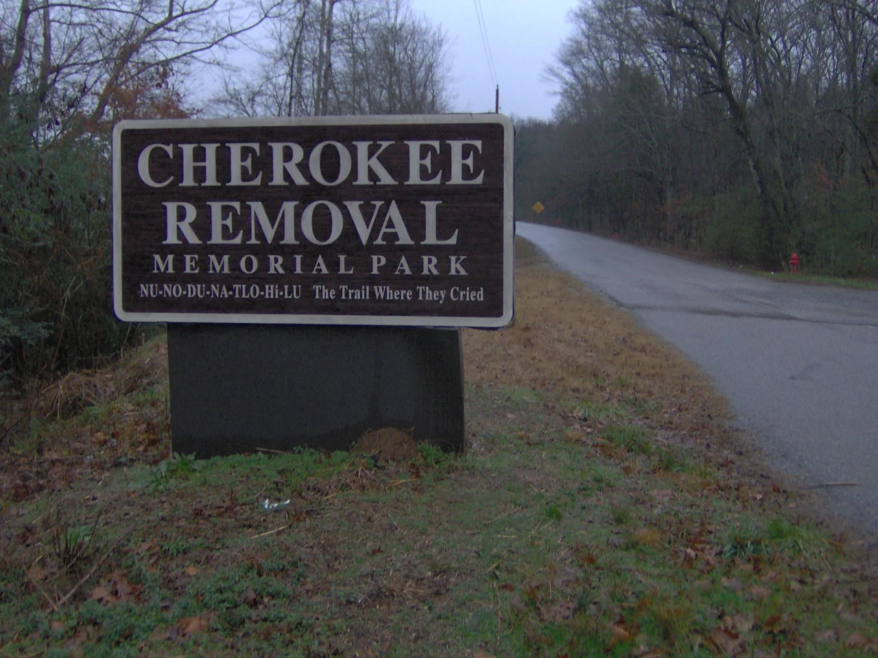 The entrance to the Cherokee Removal Memorial Park — at the Hiwassee Wildlife Refuge in Meigs County, Tennessee.  

The park overlooks the Blythe Ferry site, where over 9000 Cherokee were ferried across the Tennessee River to begin the Trail of Tears in 1838  — a forced ethnic removal march from their homelands to Oklahoma.