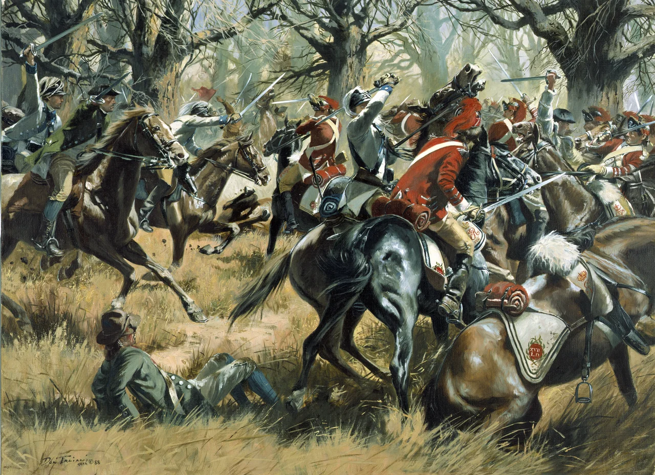 The Battle of Cowpens by Don Troiani for the states of South Carolina, North Carolina, Virginia, Maryland and Delaware, 1781. Note: The Cowpens, South Carolina, January 17, 1781 -- In upland South Carolina, at a place where local farmers penned their cows, an American force of 300 Continentals and 700 militia from North and South Carolina, Virginia, and Georgia, won a brillant victory against the British. On January 16, Brigadier General Daniel Morgan, pursued by 1,100 British under Lieutenant Colonel Banastre Tarleton, carefully picked his ground for a defensive battle. That night, Morgan personally went among the Continentals and militiamen to explain his plan of battle. Morgan wanted two good volleys from the militia, who would then be free to ride away. The next day, the battle went very much as Morgan had planned. Georgia and North Carolina sharpshooters, in front of the main body of American militia, picked off British cavalrymen as they rode up the slight rise toward the Americans. Then the deadly fire of the main body of South and North Carolina militia forced Tarleton to commit his reserves. Seeing the militia withdrawing as planned, the 17th Light Dragoons pursued, but were driven off by Morgan's cavalry. Meanwhile, the British infantry, who assumed that the Americans were fleeing, were hit by the main body of Continentals, Virginia militiamen, and a company of Georgians. At the battle's end they were aided by militia troops, who, instead of riding away as planned, attacked the 71st Highlanders, who were attempting to fight their way out of the American trap. The British lost: 100 killed including 39 officers, 229 wounded, and 600 captured. As they fled the field, Tarleton and his dragoons were pursued by Colonel William Washington's cavalry, which included mounted Georgia and South Carolina militiamen. The Continentals who fought at Cowpens are perpetuated today by the 175th Infantry, Maryland ARNG, and the 198th Signal Battalion, Delaware ARNG, and the Virginia militia by the 116th Infantry, Virginia ARNG. The heritage of the rest of the American troops who fought in this greatest tactical victory ever won on American soil is carried on today by the Georgia, South Carolina and North Carolina Army National Guards.