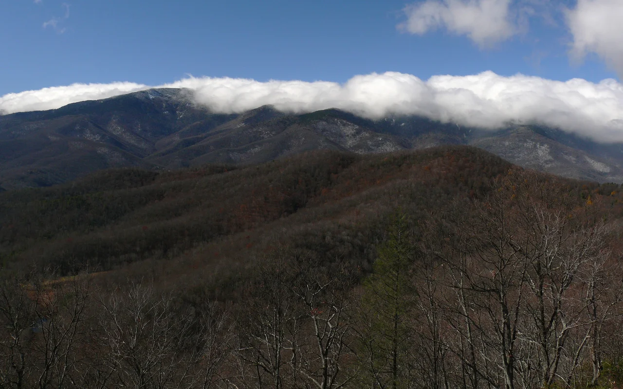 A snowstorm breaks over the crest of the Black Mountain range.Photo taken with a Panasonic Lumix DMC-FZ50 in Yancey County, NC, USA.Cropping and post-processing performed with The GIMP.