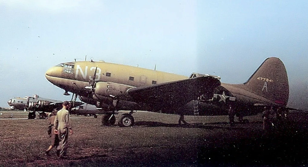 47th Troop Carrier Squadron Curtiss C-46D-10-CU Commando 44-77541, April 1945, Achiet Airfield (B-54), France.   Aircraft damaged and w/o in an accident shortly afterwards in April 1945.