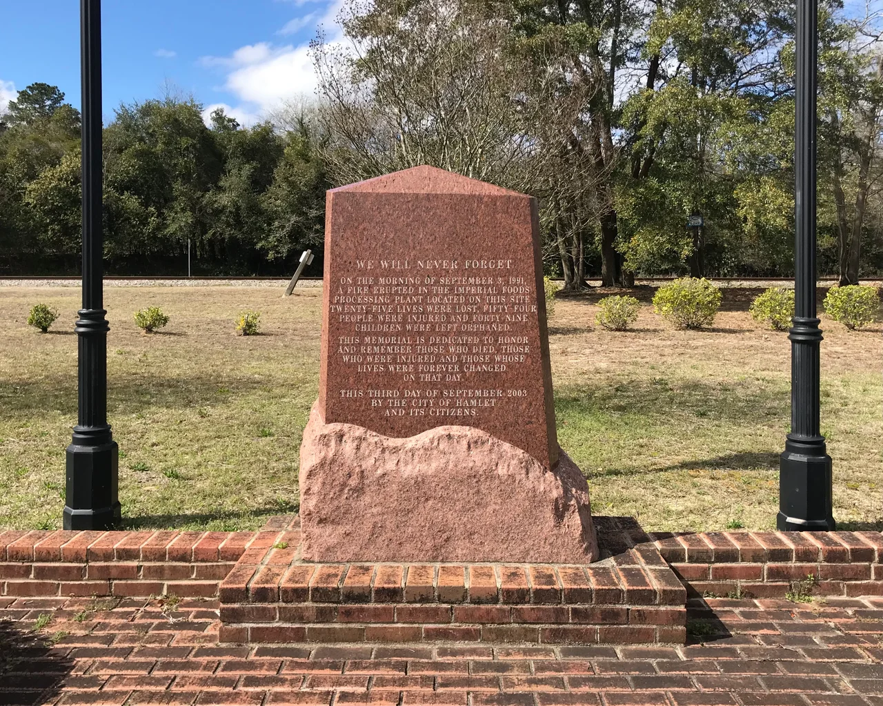Imperial Food Products fire memorial, erected in 2003 to commemorate 25 dead workers on the former site of the food processing plant